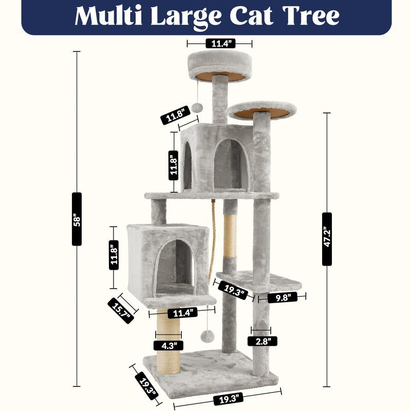 Kiaser™ | 58" Tall Cat Tree Tower – Multi-Level Condo with Scratching Posts & Hanging Toy